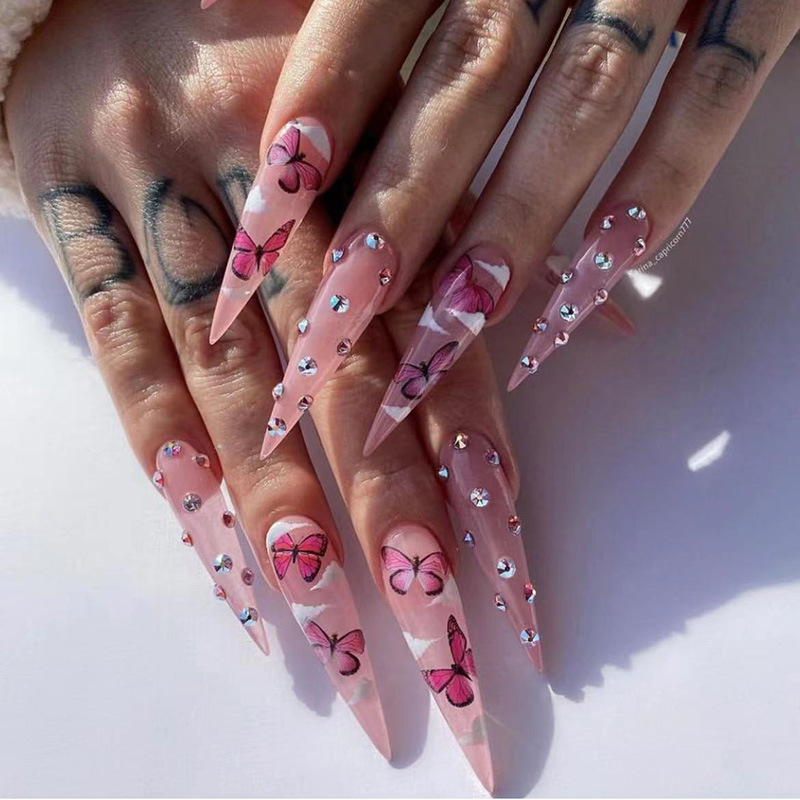 European and American Long Sharp Armor Broken Diamond Butterfly Drill Cloud Spice Girl Wear Armor Nail Sticker Cross-border Wear Nail Art