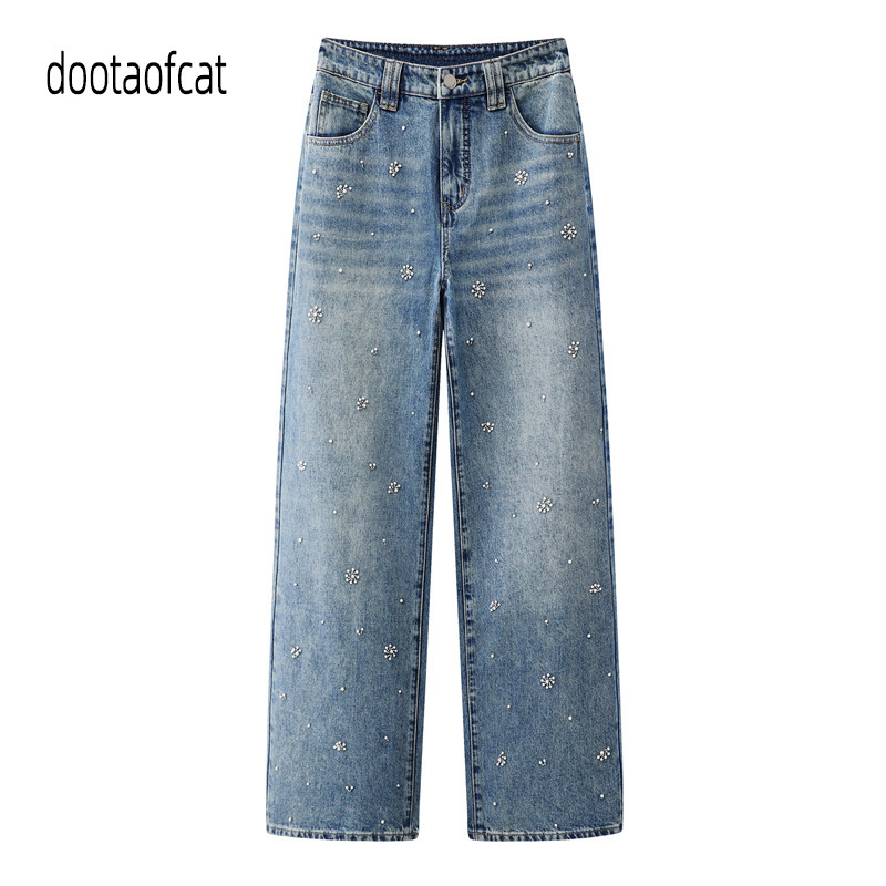 2026 Spring New Women's High-Waisted Hand-Beaded Embroidered Floral Wide-Leg Jeans Straight Pants Jjp112J6