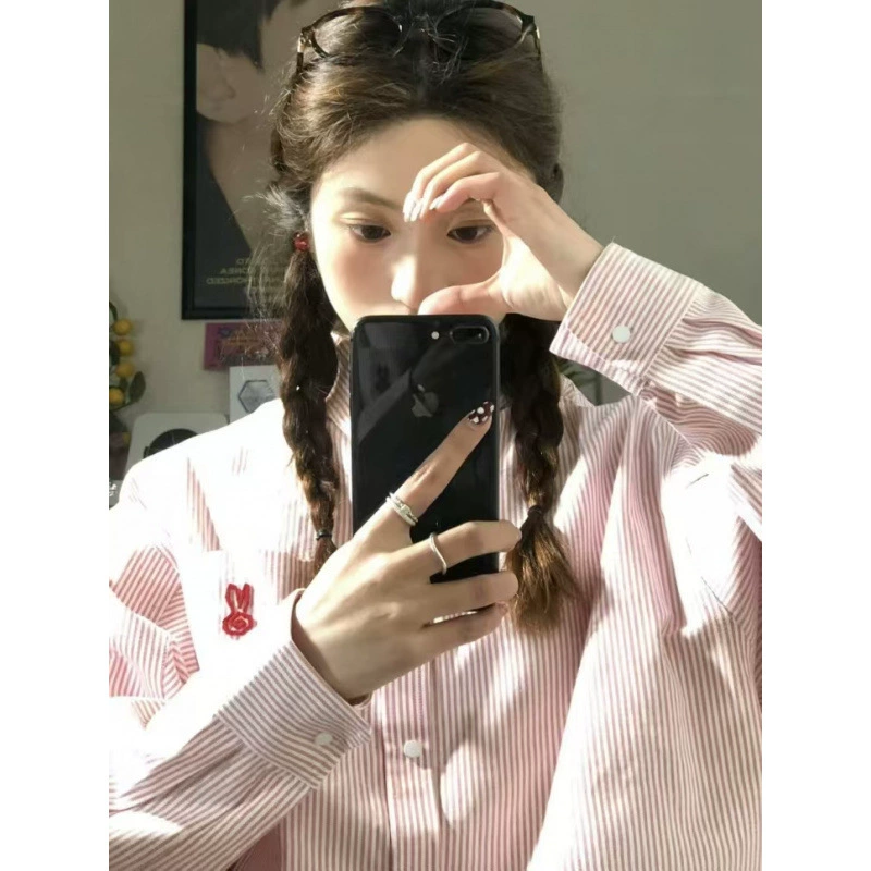Корейская сладкая розовая полосатая рубашка женская весенне-осенняя тонкая куртка нишевые дизайнерские чувства топ с длинными рукавами рубашка