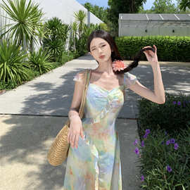 乔与乔伊 浪漫晕染 法式雪纺气质度假显瘦连衣裙油画飞飞袖长裙仙