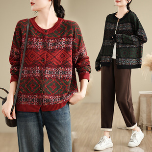 Autumn 2024 New Single-breasted Ethnic Wind-wool Knitwear Crewneck Button Cardigan plus size Short Coat Sweater