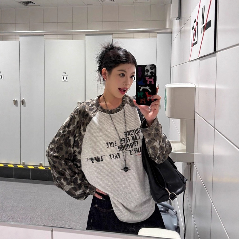 American Street Style Camouflage Raglan Long-Sleeved T-Shirt for Women Autum New Round Neck Loose Casual Versatile Top Ins Trend