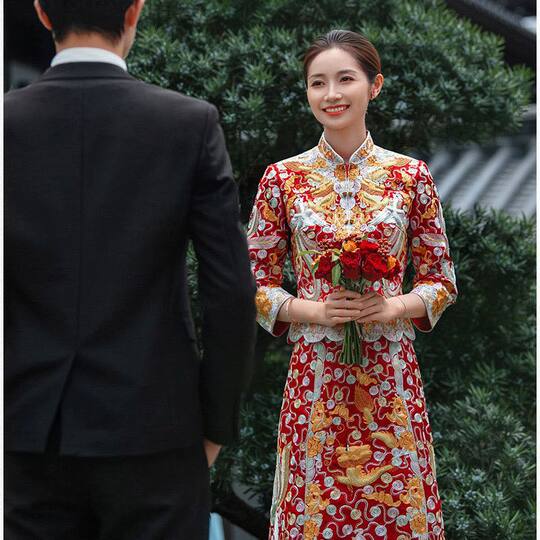Dragon and Phoenix gown 2023 Winter new Chinese Xiuhe clothing Big Five Fu straight skirt small toast gown queen gown
