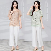 批发一件代发夏季阔腿裤套装2025年新款中老年妈妈中式国风两件套