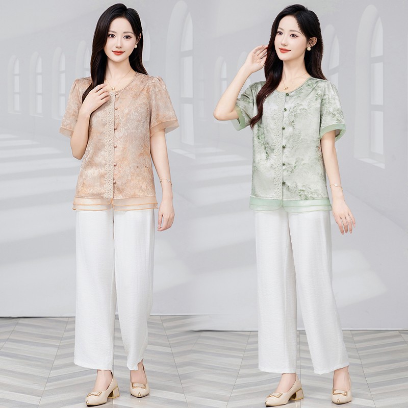 批发一件代发夏季阔腿裤套装2025年新款中老年妈妈中式国风两件套