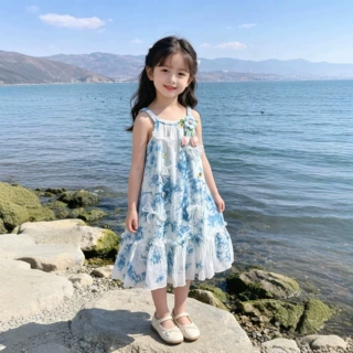 女童花朵设计款连衣裙夏季吊带新款云南大理海边
