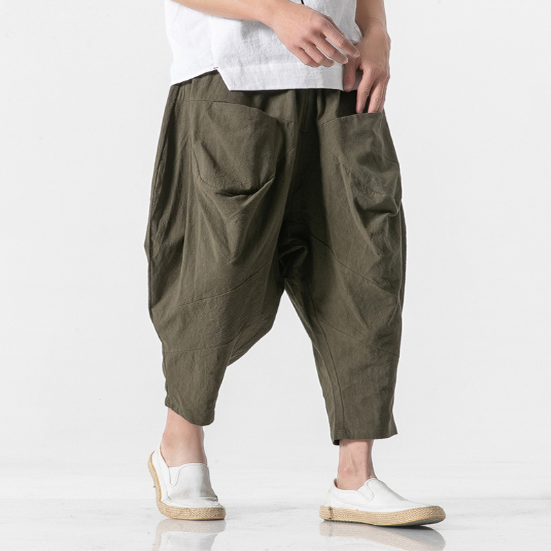 Aliexpress 2021 Autumn Loose Cotton Linen Chinese Style Cropped Pants Men's Wide-Leg Pants Plus Size Lantern Pants