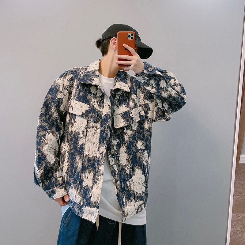 Otoño nueva moda nacional High Street pareja azul y blanco pintura al óleo pesada suelta Chaqueta corta para hombres