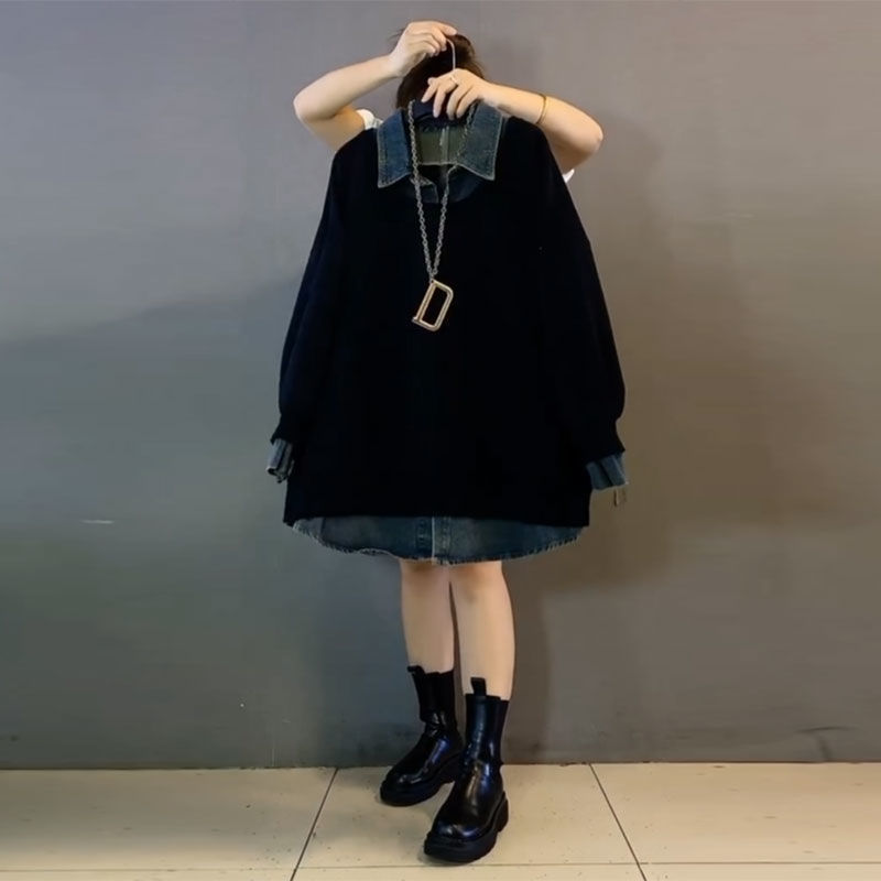 Fat mm Extra Large Size 150kg Spring & Fall Korean Style Loose Casual Polo Collar Top Denim Collar Splicing Sweatshirt for Women