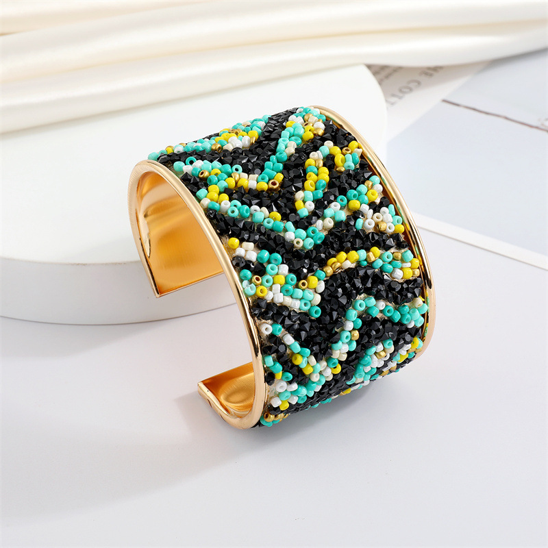 Bohemian Retro Color Rice Bead Wide Bracelet Metal Striped Leopard Print Big Bracelet display picture 6