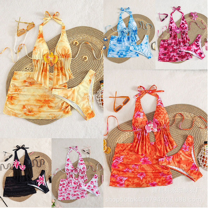 European and American New Printed Slim-Fit V-Neck Lace Patchwork Sexy Vacation-Style Printed Bikini Three-Piece Skirt-Style Swimsuit