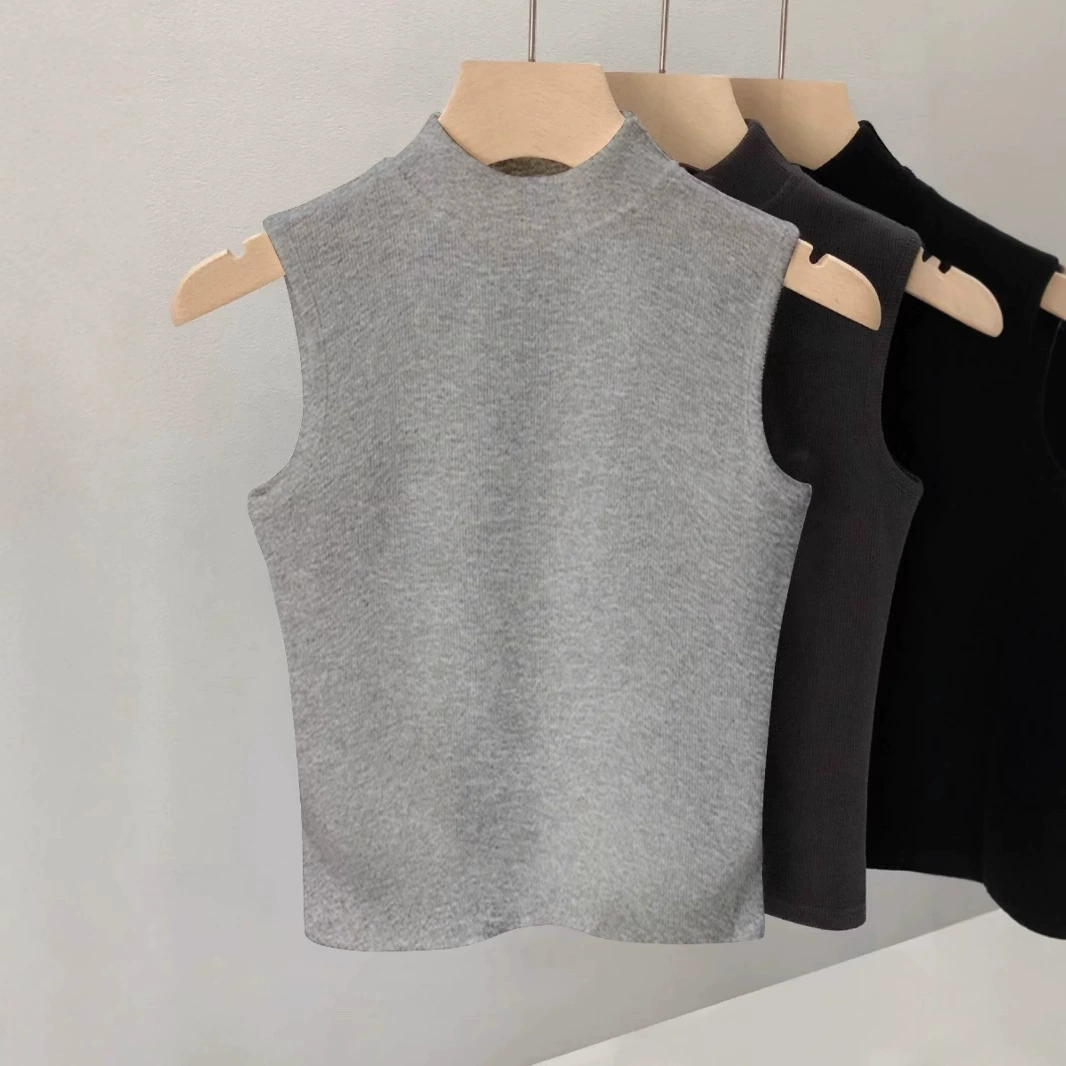 Осенний топ без рукавов, удобный для тела T-shirt, высокий воротник, размер плюс, slim fit