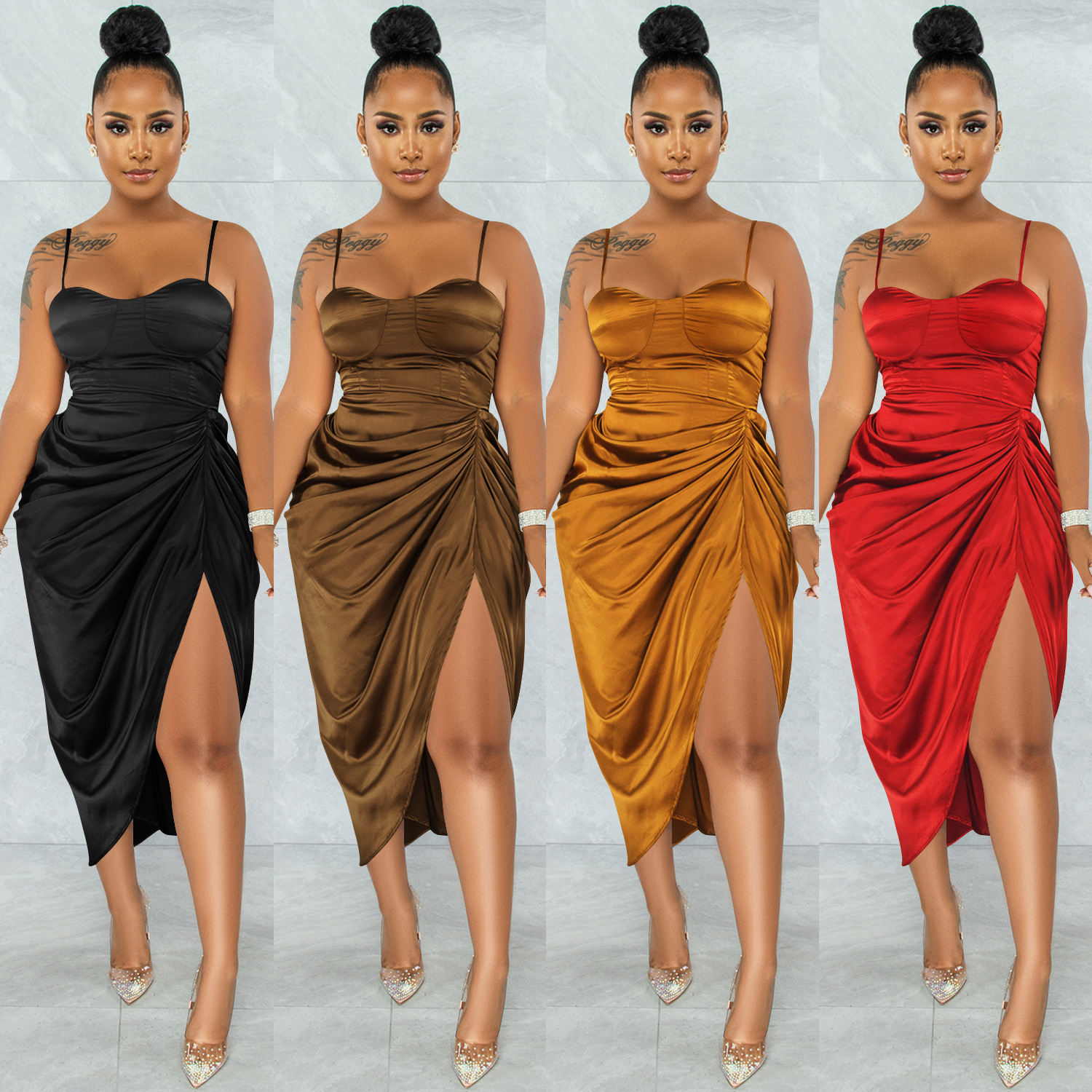 X5393 AliExpress Amazon eBay moda color sólido mujeres sexy Sling envuelto pecho arruga vestido de hendidura