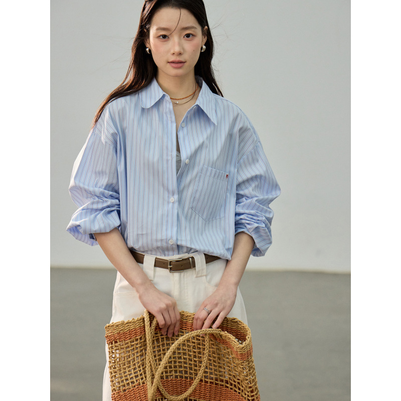 【Geming】French-Style Retro Heart-Patterned Striped Shirt for Women, New Spring Collection, Polo Collar Shirt N0071D