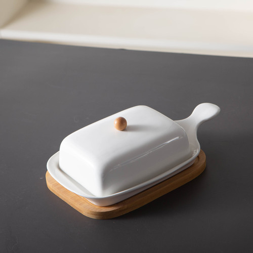 Pre-sale cross-border Amazon ceramic butter dish with bamboo wooden tray meal bag butter box simple pure rectangular butter