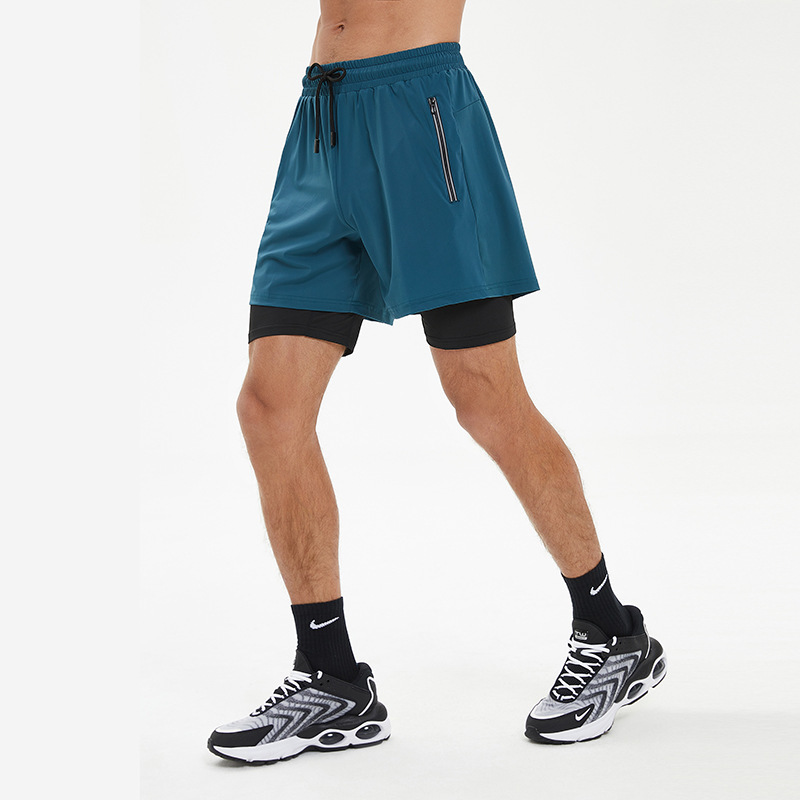 Running Shorts Men's Sports Marathon Track and Field Quick-drying Lining Fake Two-piece Training Fitness Three-point Pants Two-in-one