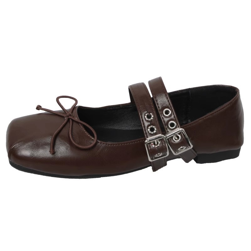 Brown autumn retro Mary Jane shoes square toe flat low-cut