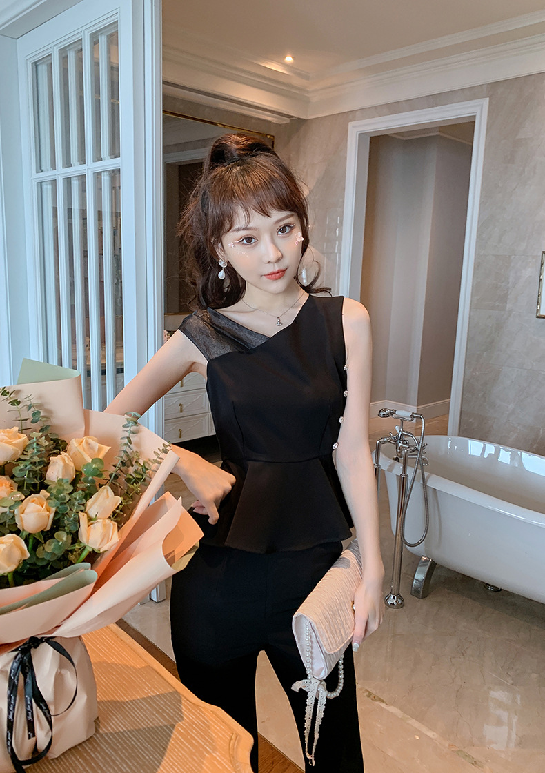 Bộ vest nữ công sở hè áo bèo nhún quần ống loe hai mảnh — Màu đen chi tiết 16