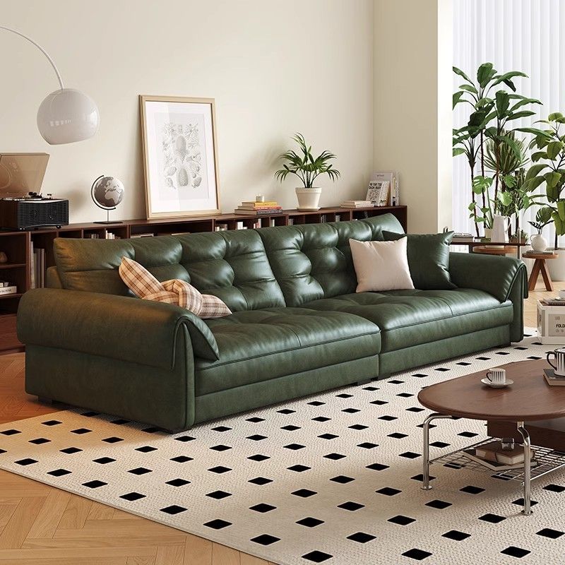 Italian Style Minimalist Leather Large and Small Apartment Living Room Simple Modern Retro Style Oil Wax Leather Straight Sofa American Style Light Luxury