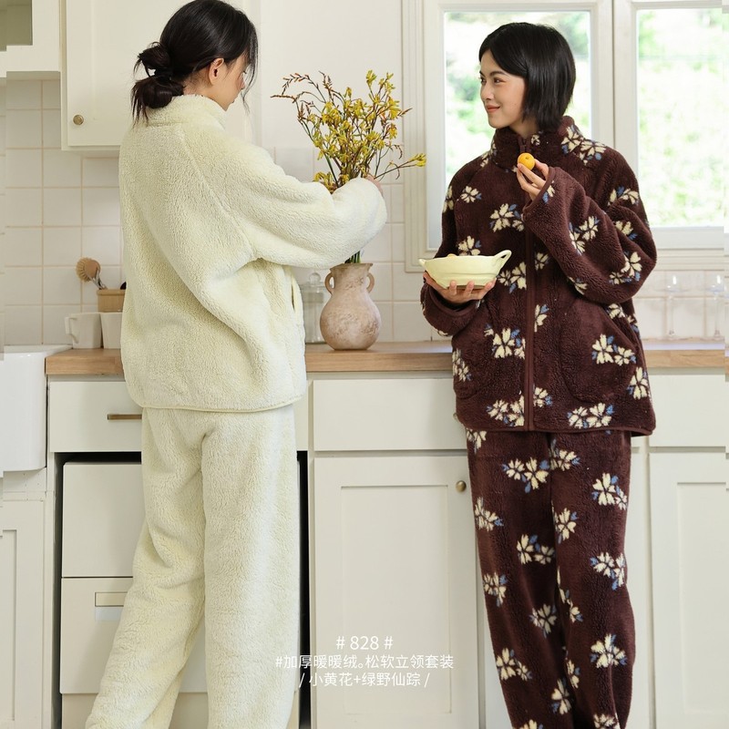 828冬季新款睡衣女立领拉链套装加绒加厚珊瑚绒保暖慵懒家居服外|undefined