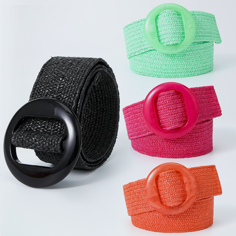 Straw woven elastic retro waist belt