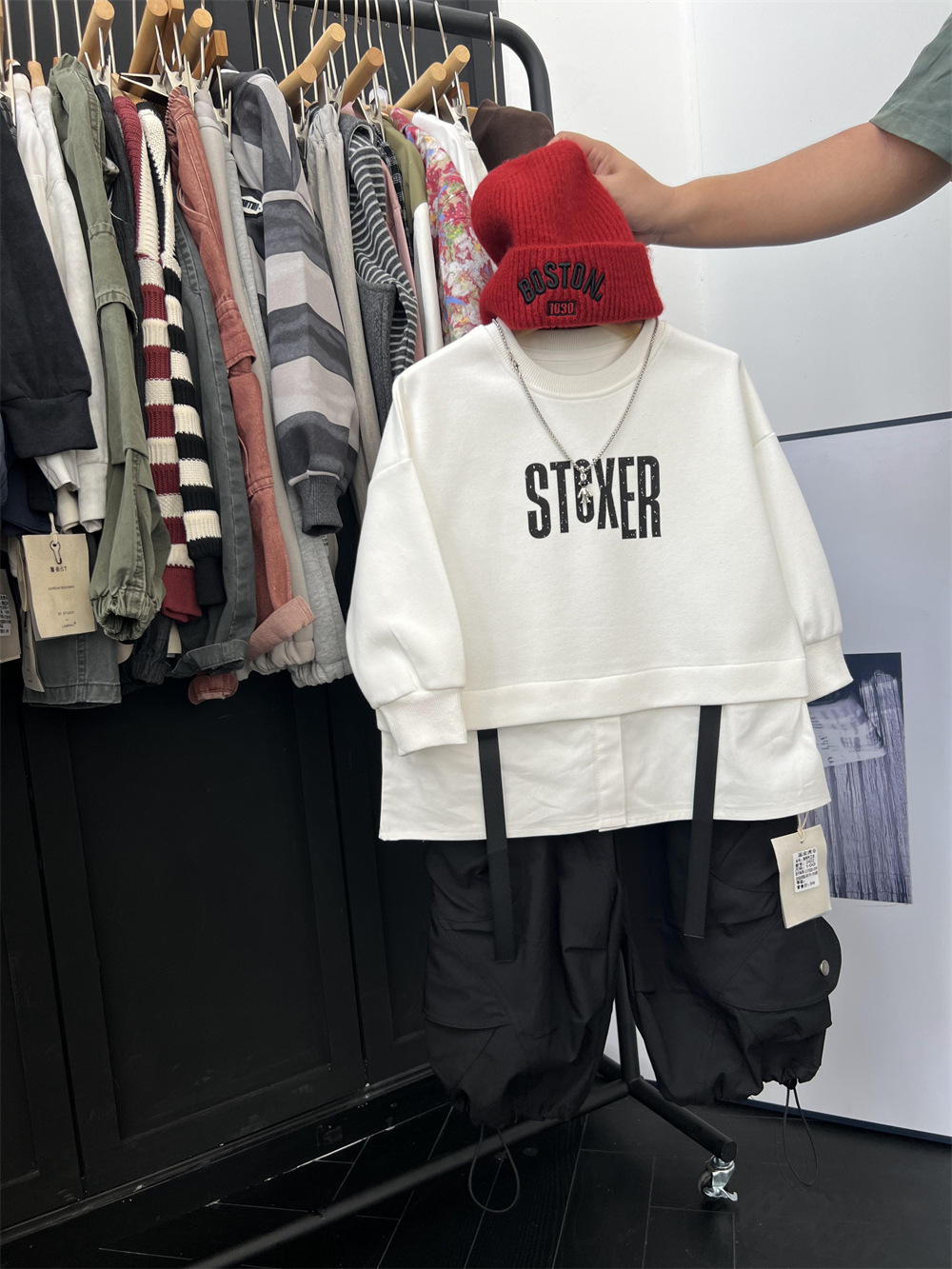 American hip-hop style autumn boys' letter  two-piece spliced shirt hoodie children's hooligan handsome street dance_voghion.com