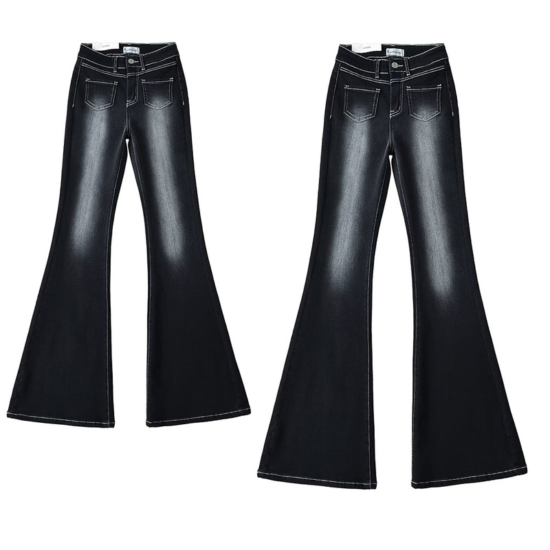 Hot Girl Style Tight-Fitting Jeans with Visible Stitching, Front Pockets, Slight Flare, High-Waisted, Stretchy, Slim-Fit, Floor-Length Pants for Women