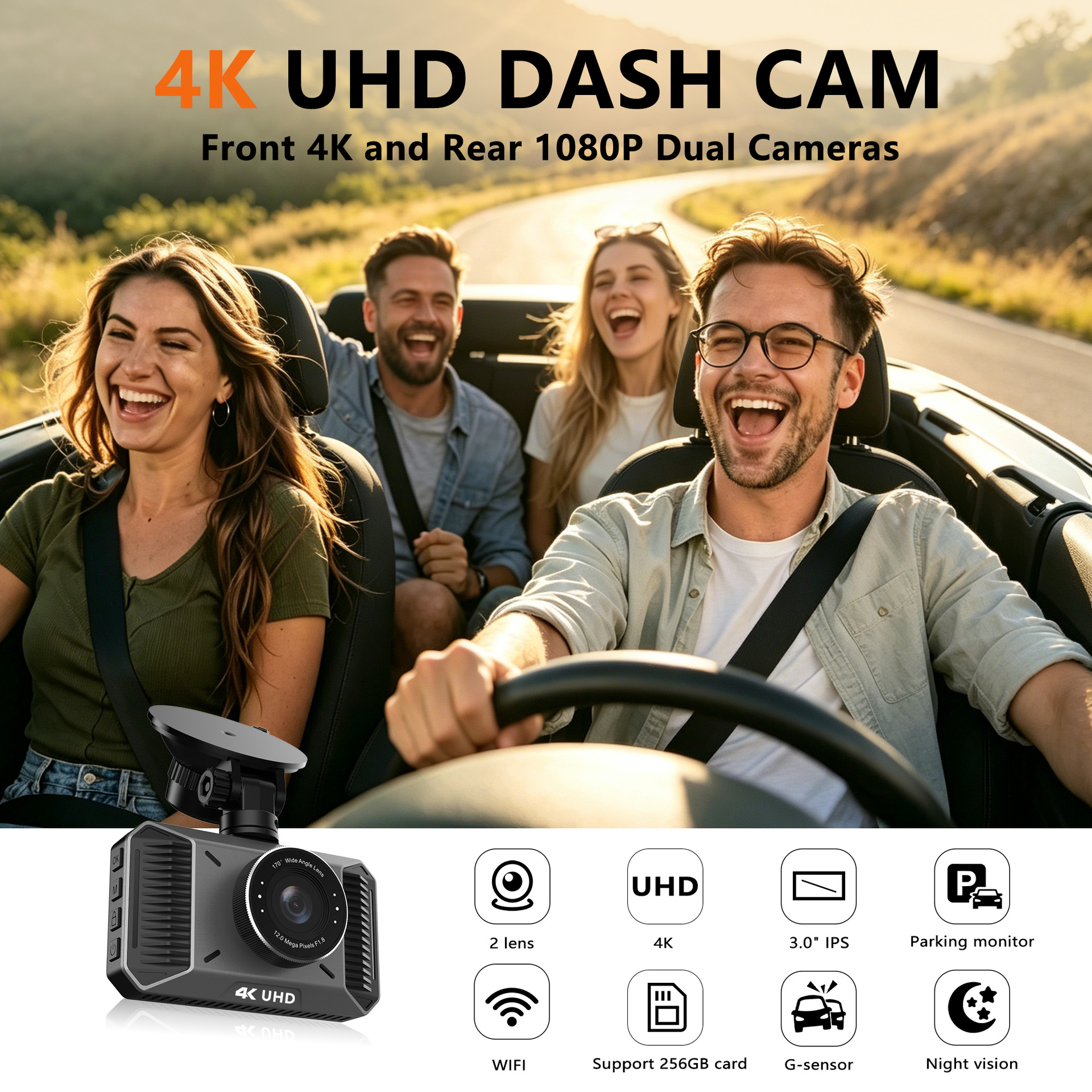 Cross-border 4K Dual Front and Rear Recording Dash Cam 3inch IPS Screen WIFI Mobile Phone Connectivity Night Vision for Export