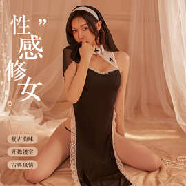 复古修女情趣内衣女性感蕾丝开襟镂空角色扮演服蕾丝花边一件代发