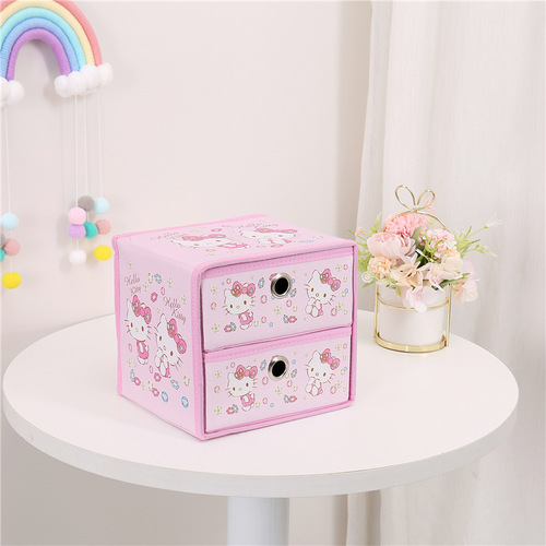 New cartoon double-layer PU round hole storage box office bedroom desktop drawer-type foldable storage box