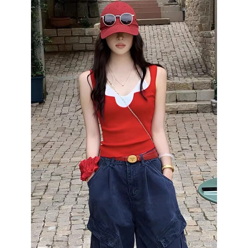 Hot Girl Red Fake Two-Piece Camisole Women's Unique Design Niche Slim Fit Pure Desire Summer Outer Sleeveless Top