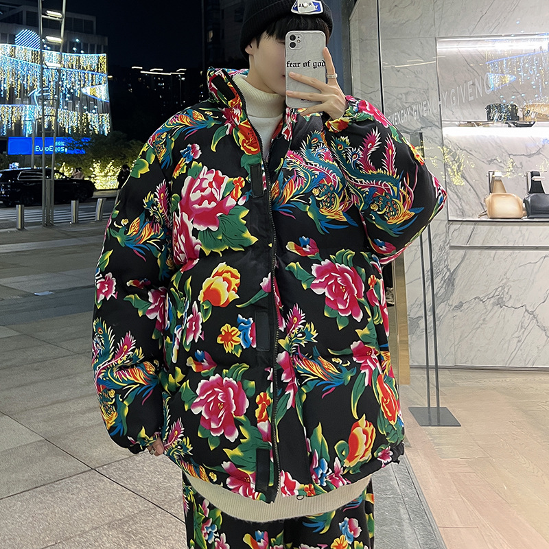 겨울 동북 큰 꽃 두꺼운 따뜻한 코튼 코트 중국 스타일 느슨한 플러스 사이즈 남녀 코튼 코트 전국 패션 코튼 코트