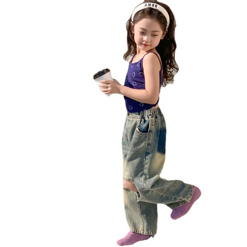 Children's Clothing 2024 Summer Baby Girl Hot Girl Vest Top Girls Design Sleeveless T-Shirt Girls Smiling Face Backless Suspenders