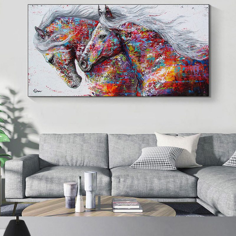 Modern poster print graffiti two running horses wall art canvas painting animal picture living room home