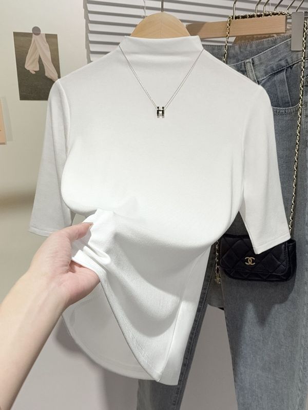 右肩黒ハーフタートルネックミッドスリーブTシャツ女性用2025早春インナーリブニットボトムシャツ七分袖トップ|undefined