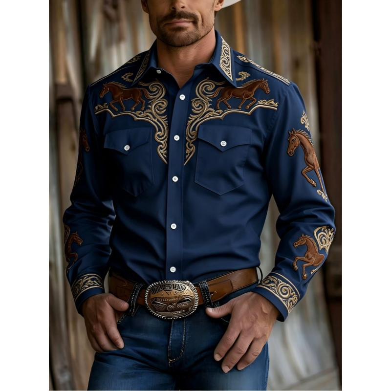 European and American Denim Style Digital Print Long-Sleeved Double Pocket Shirt Cross-Border Hot-Selling Shirt European and American Denim Style Digital Print Long-Sleeved Double Pocket Shirt Cross-Border Hot-Selling Shirt