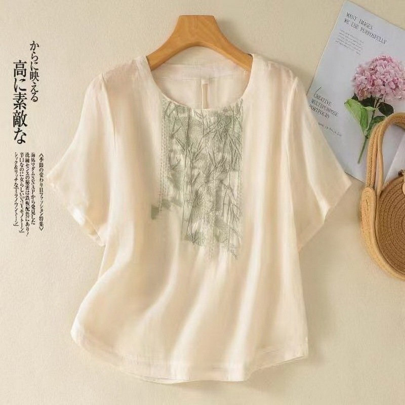 Cotton and Linen Short-sleeved T-shirt Women's Summer 2025 New Loose Age-reducing Western Style Mother's Small Shirt Elegant Top for Women Cotton and Linen Short-sleeved T-shirt Women's Summer 2025 New Loose Age-reducing Western Style Mother's Small Shirt Elegant Top for Women