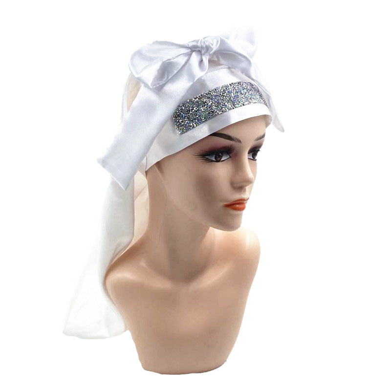 Cross-border Amazon wide-brimmed solid color colored diced drilling long hair cap long belt long tube hair care cap hairdressing cap nightcap