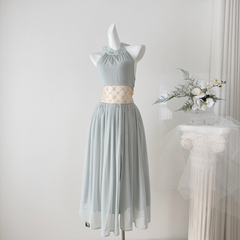 Temple Moonlight Ball Gown Heavy Beading Waist-Cinching Chiffon Halter Dress Slimming Long Dress 2026 Summer