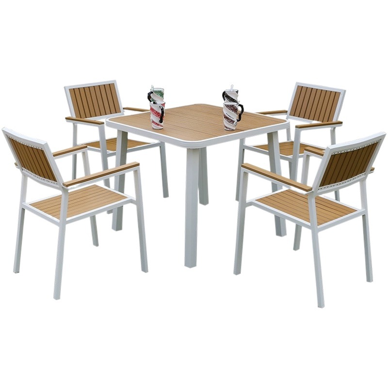 Mesa de madera de plástico al aire libre y silla combinación terraza patio al aire libre ocio balcón jardín mesa de té anti-corrosión madera impermeable mesa y silla conjunto