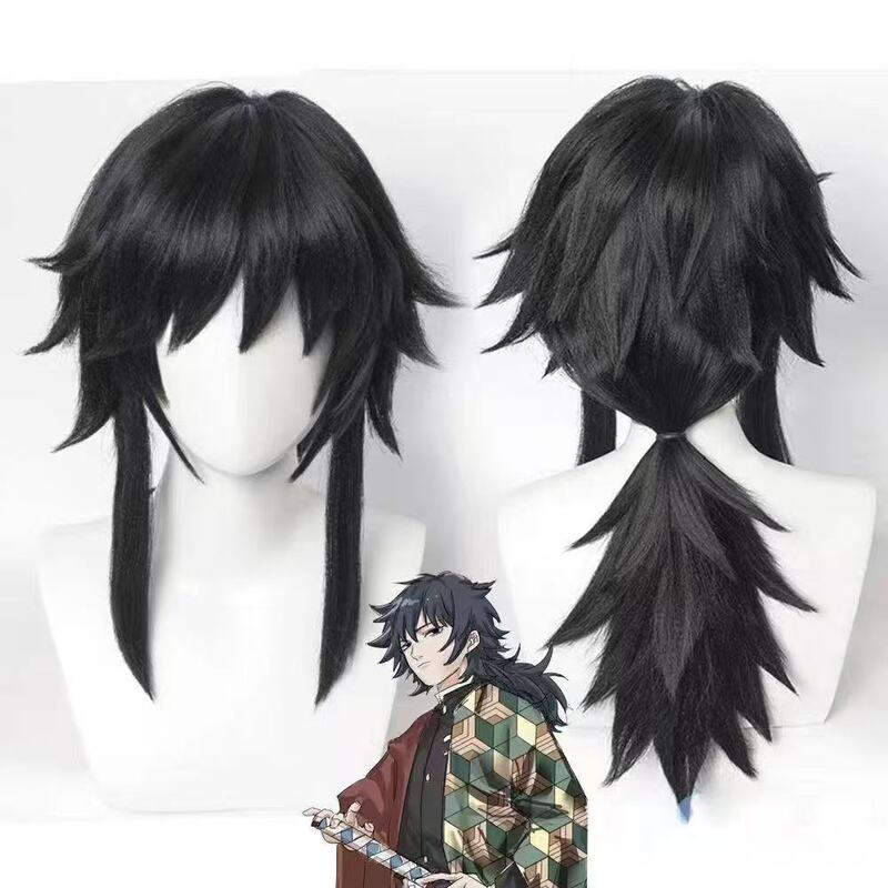Silk Yue Demon Slayer: Kimetsu No Yaiba Tomioka Giyuu Cos Wig Blank Natural Fluffy Thickeneded Anti-Warping Black Two-Dimensional