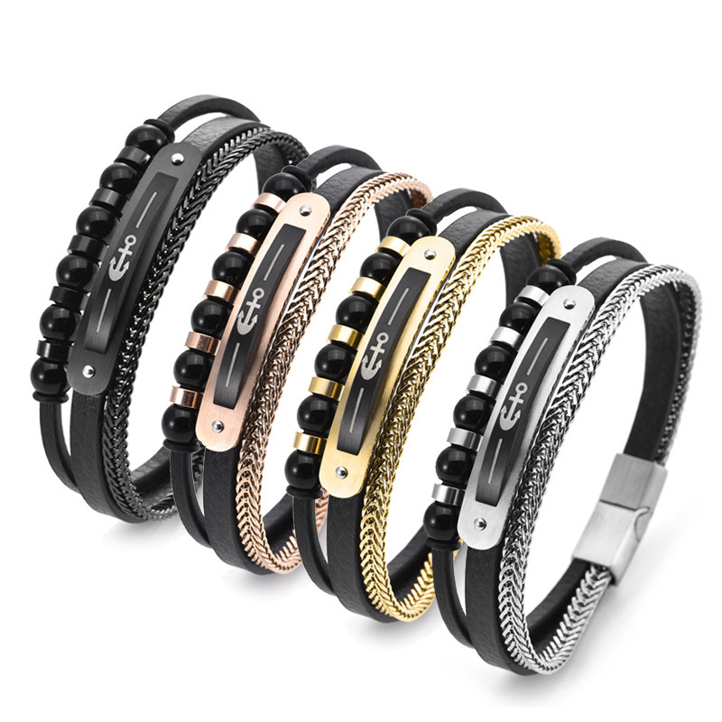 Cross-border exclusive new gold-plated stainless steel anchor men's leather bracelet magnet buckle multi-layer beaded leather bracelet