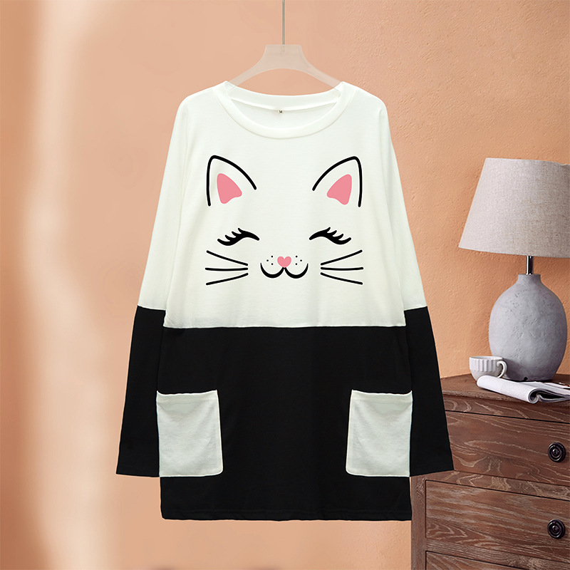 Women's long top black white bottom, cat print with pocket pullover, women's hoodie and pajama_voghion.com