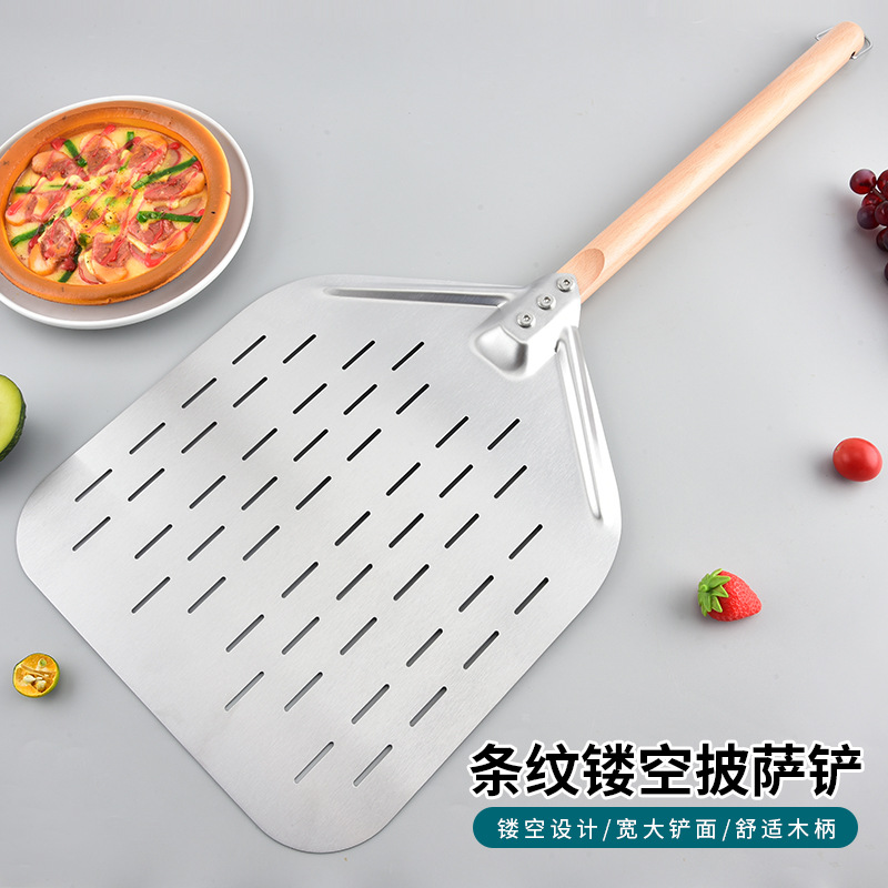 Mango de madera 430 acero inoxidable hueco pala de pizza horno pala de cocina horneado pala de transferencia de pastel pala de pizza herramienta de inversión
