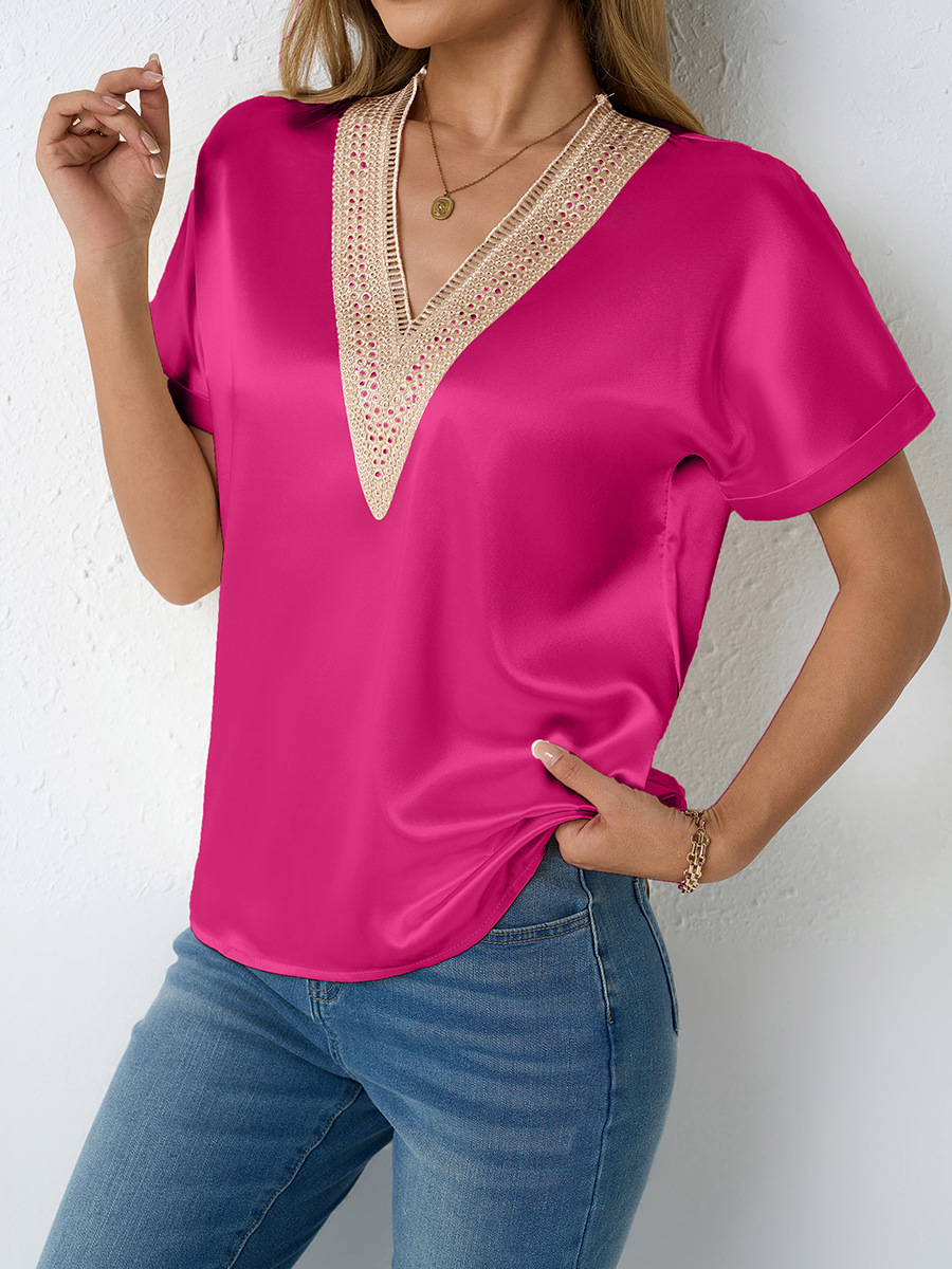 Tiro real transfronterizo de las mujeres europeas y americanas de Amazon nueva camiseta de satén con cuello en v imitación de encaje de seda tops sueltos mujeres