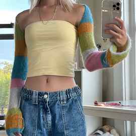 ebay跨境女装2022欧美条纹披肩彩虹短款毛衣开衫百搭性感针织衫