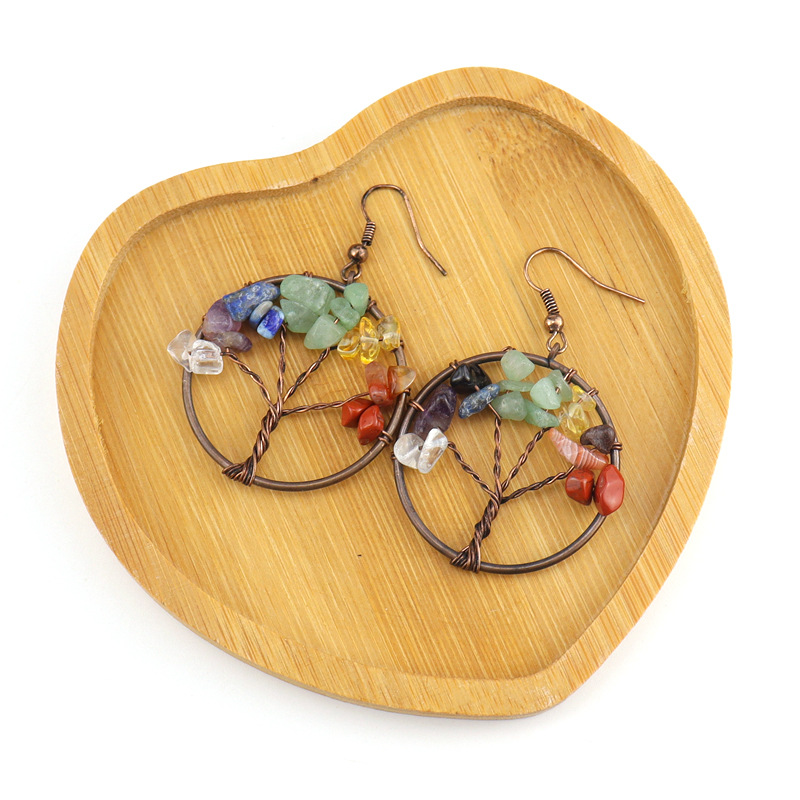 Daily Occasion 1 Pair Retro Ethnic Style Pastoral Tree Life Tree Natural Stone Copper Crystal Women'S Drop Earrings Earrings