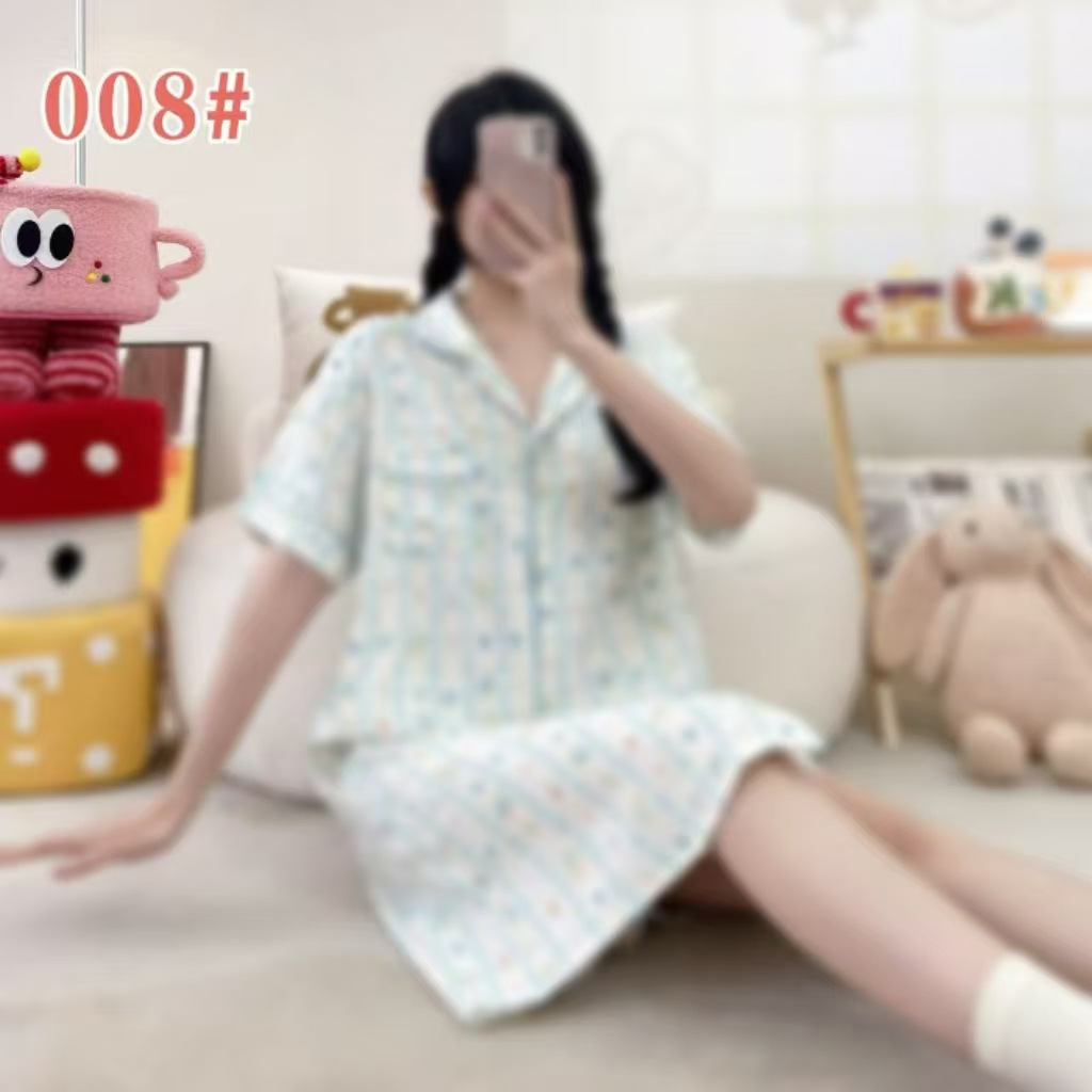 Pijama de verano de manga corta cardigan con solapa impresión de dibujos animados nubes de algodón dulce suelto medio largo vestido transfronterizo