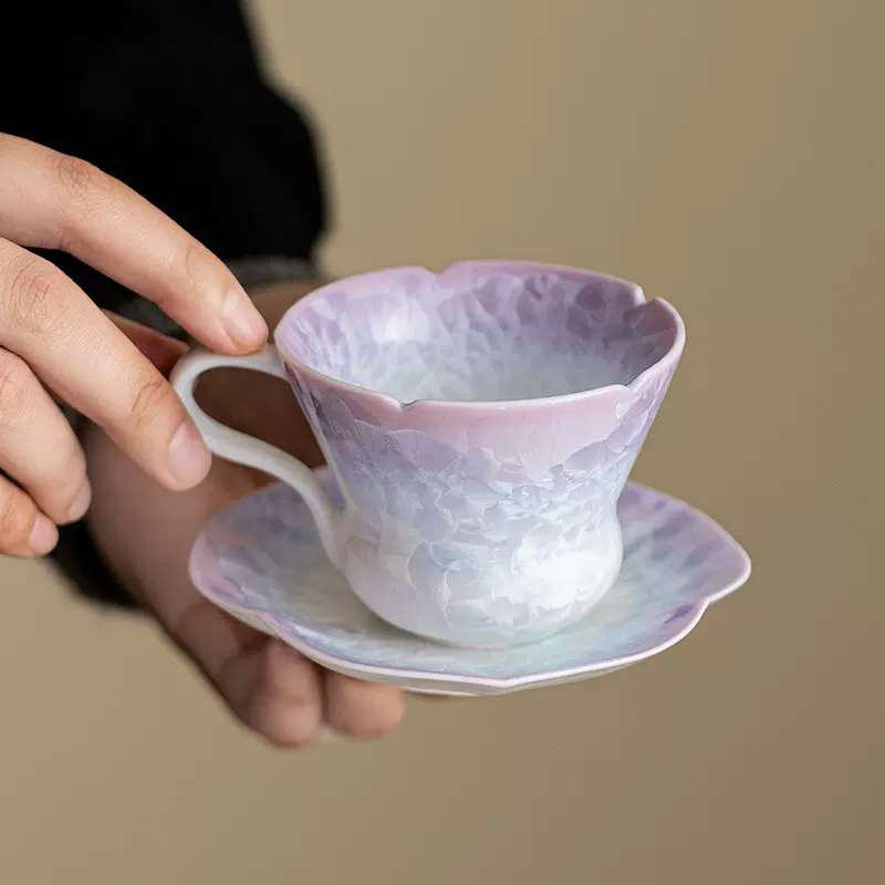 渐变紫结晶釉咖啡杯垫套组窑变陶瓷个人专用喝水杯家用早餐杯礼盒