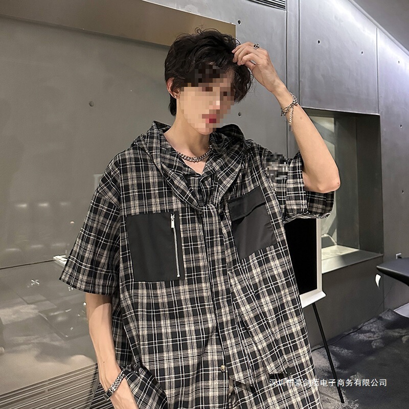 Classic Plaid Hooded Shirt with Drawstring Design, Pockets, and Color-Blocking for Trendy Men, Casual Shirt Top in Black and Khaki, in Stock Classic Plaid Hooded Shirt with Drawstring Design, Pockets, and Color-Blocking for Trendy Men, Casual Shirt Top in Black and Khaki, in Stock